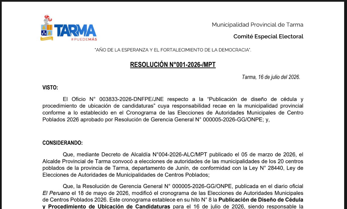 RESOLUCIÓN N°001-2026-/MPT